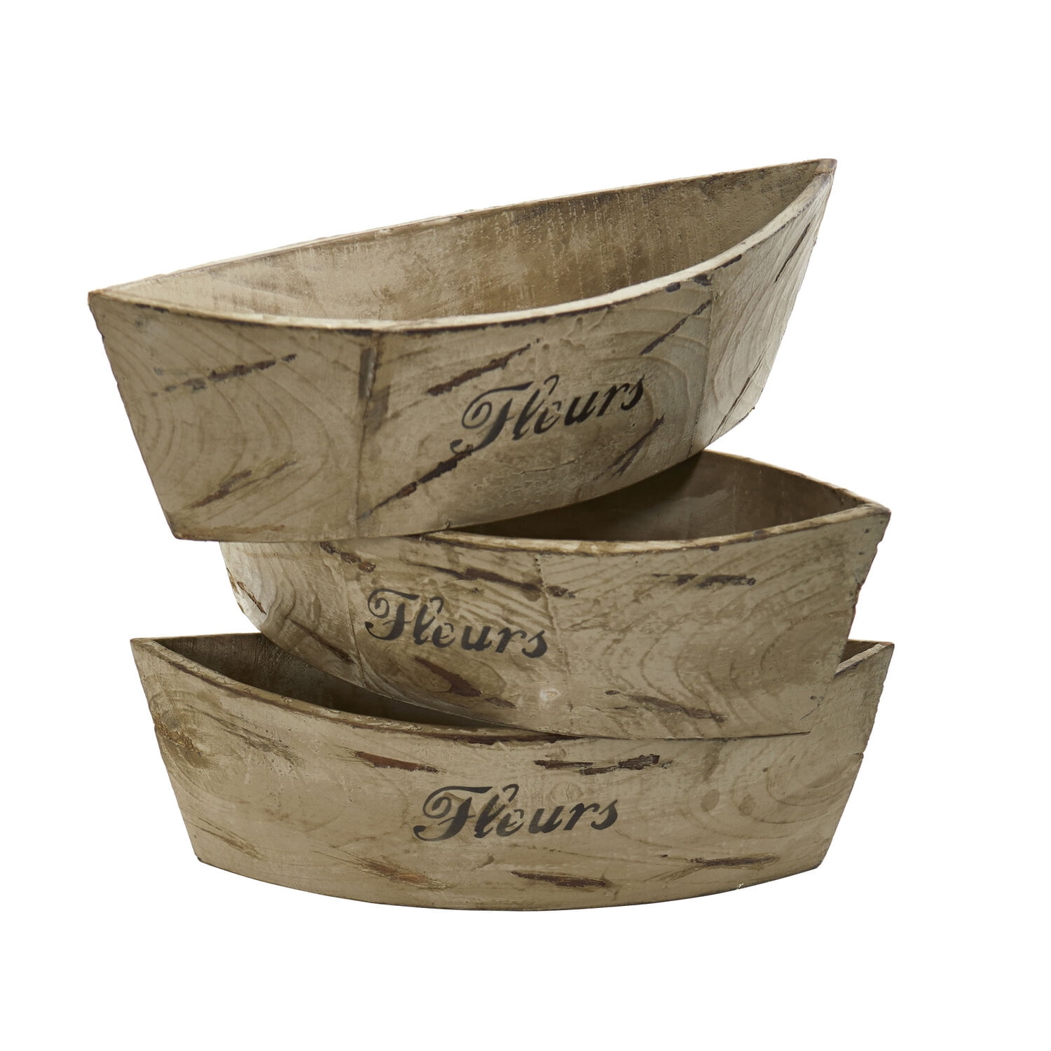 Set of 3 White Washed Rustic Wood Planters