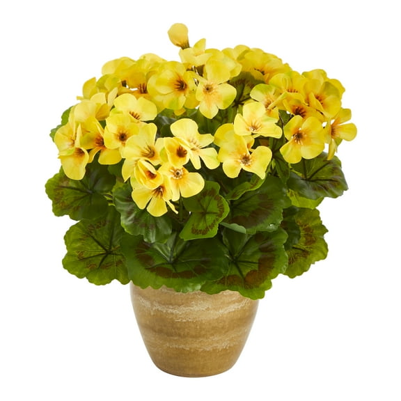 Nearly Natural Yellow 11" Geranium Artificial Plant in Ceramic Planter UV Resistant