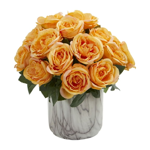 Nearly Natural Yellow Rose Artificial Flower Arrangement in Marble Finish Vase