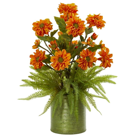 Nearly Natural Zinnia and Fern Artificial Arrangement in Metal Planter, Orange