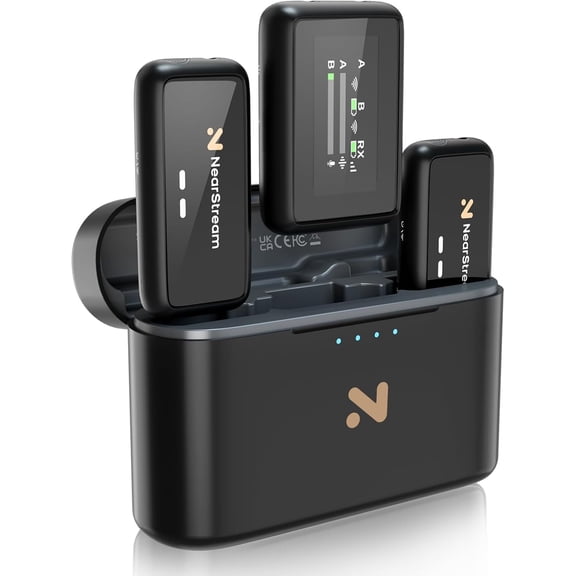 Nearstream AWM 20T Wireless Lapel Microphones for iPhone/Android/DSLR/Camera with Noise Cancellation, 656ft Transmission, LCD Display, 20H Battery Life
