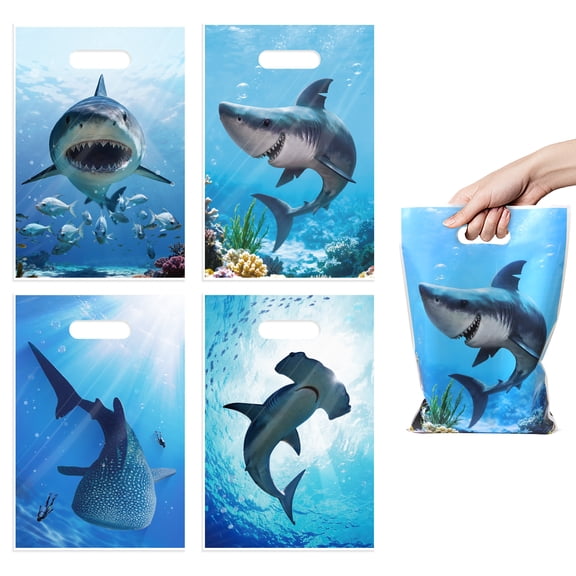 Neasyth 100Pcs Shark Party Favor Bags, Under The Sea Decorations Ocean Themed Plastic Goodie Bag for Kids Birthday Baby Shower Supplies