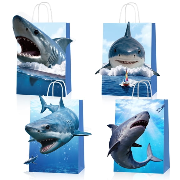 Neasyth 12 Pcs Shark Party Favor Bags, Under The Sea Decorations Ocean Themed Paper Goodie Bag with Handles for Kids Birthday Baby Shower Supplies