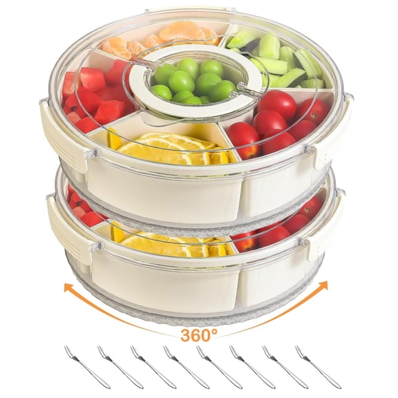 Neasyth 2Pack Divided Rotating Serving Tray with Lid & Handle for Fruits Snacks Veggie Charcuterie, Snackle Box Container