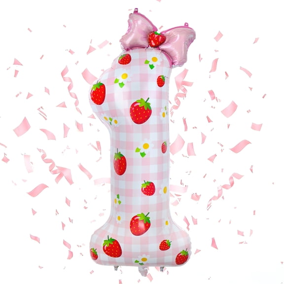 Neasyth 40 Inch Strawberry Number 1 Balloon Berry First Birthday Decor for Baby Girls Strawberry 1st Birthday Balloon