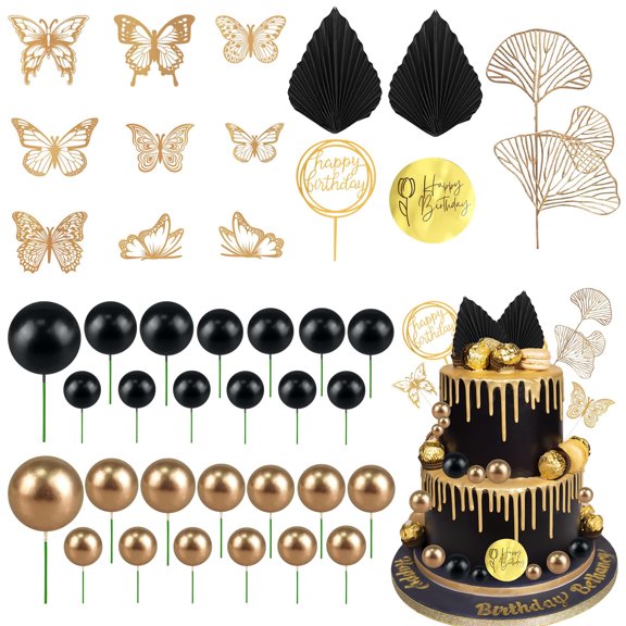 Neasyth 40pcs Black and Gold Cake Decorations, Cake Balls Toppers, Butterfly Happy Birthday Topper for Anniversary Supplies