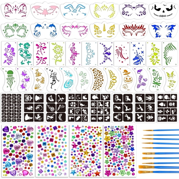 Neasyth 57pcs Face Painting Stencils Kit, Includes 35 Facial Painting Stencils, 8 Sheets Tattoo Templates Stickers, 4 Sheets Gem Stickers, 10 Brushes for Halloween DIY Body Art Makeup Party