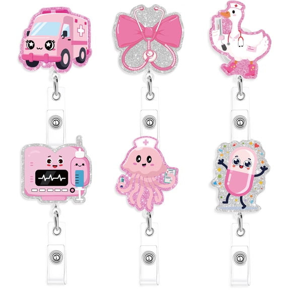 Neasyth 6 Pcs Cute Glitter Nurse Badge Reel, Retractable ID Clip Badge Holder for Doctor Student Assistant Coworker Work Accessories Bulk Gifts(Cute)