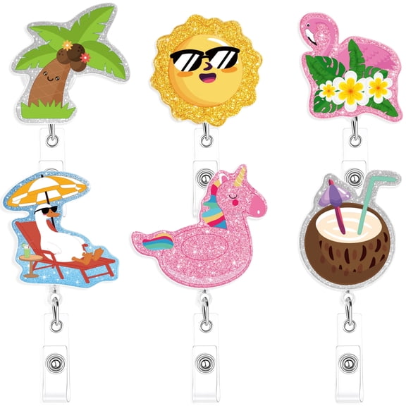 Neasyth 6 Pcs Summer Glitter Badge Reels, Nurse Cute Retractable ID Clip Badge Holder Flamingo Palm Tree for Doctor Student Assistant Coworker Work Accessories Bulk Gifts (Hawaii)