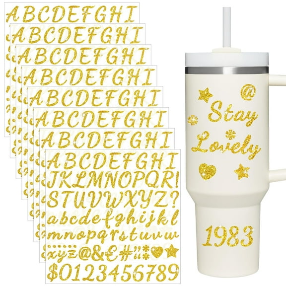 Neasyth 8 Sheets Glitter Letter Stickers, Alphabet Name Stickers for Water Bottles, Waterproof Personalized Letter Number Stickers,Gold