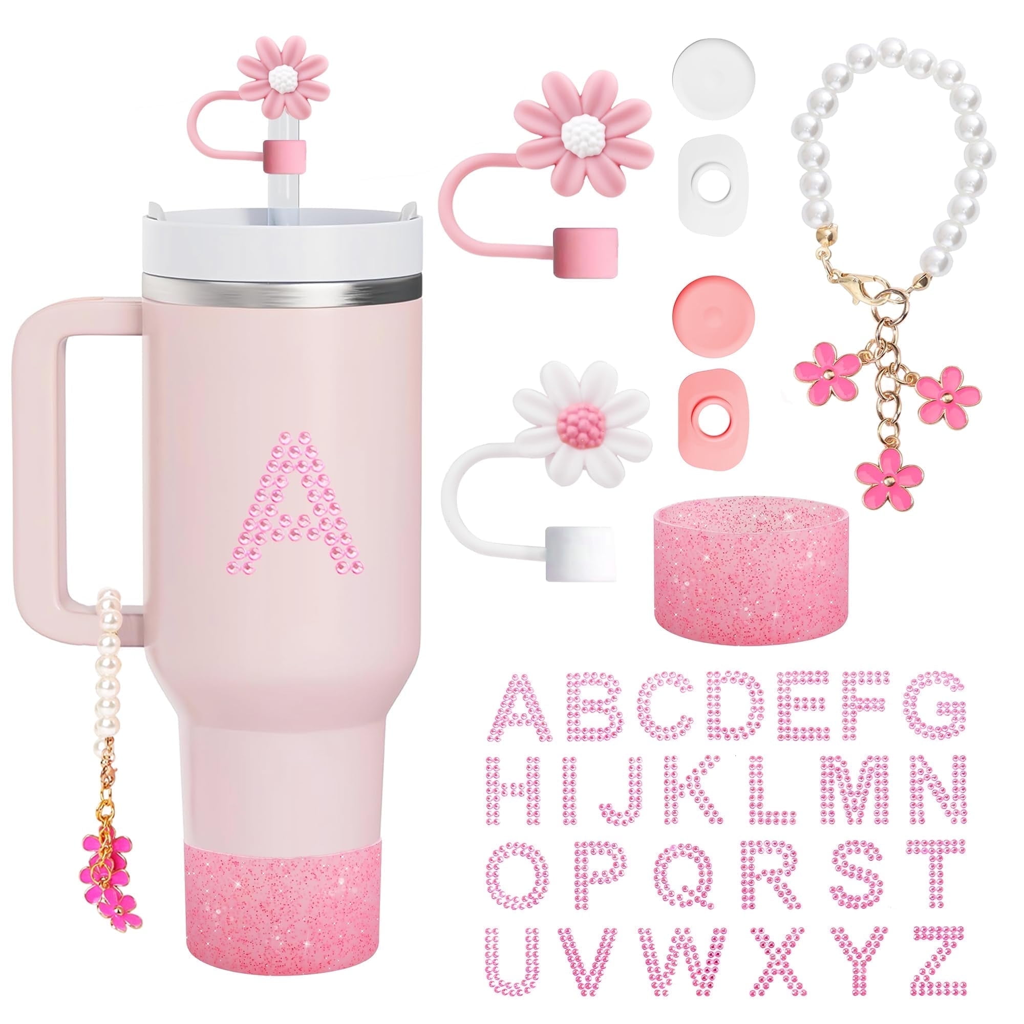 Stanley Cup Accessories Kit - 9 Pcs Includes Straw Toppers, Spill Stoppers, Name Stickers, Boot (Pink)