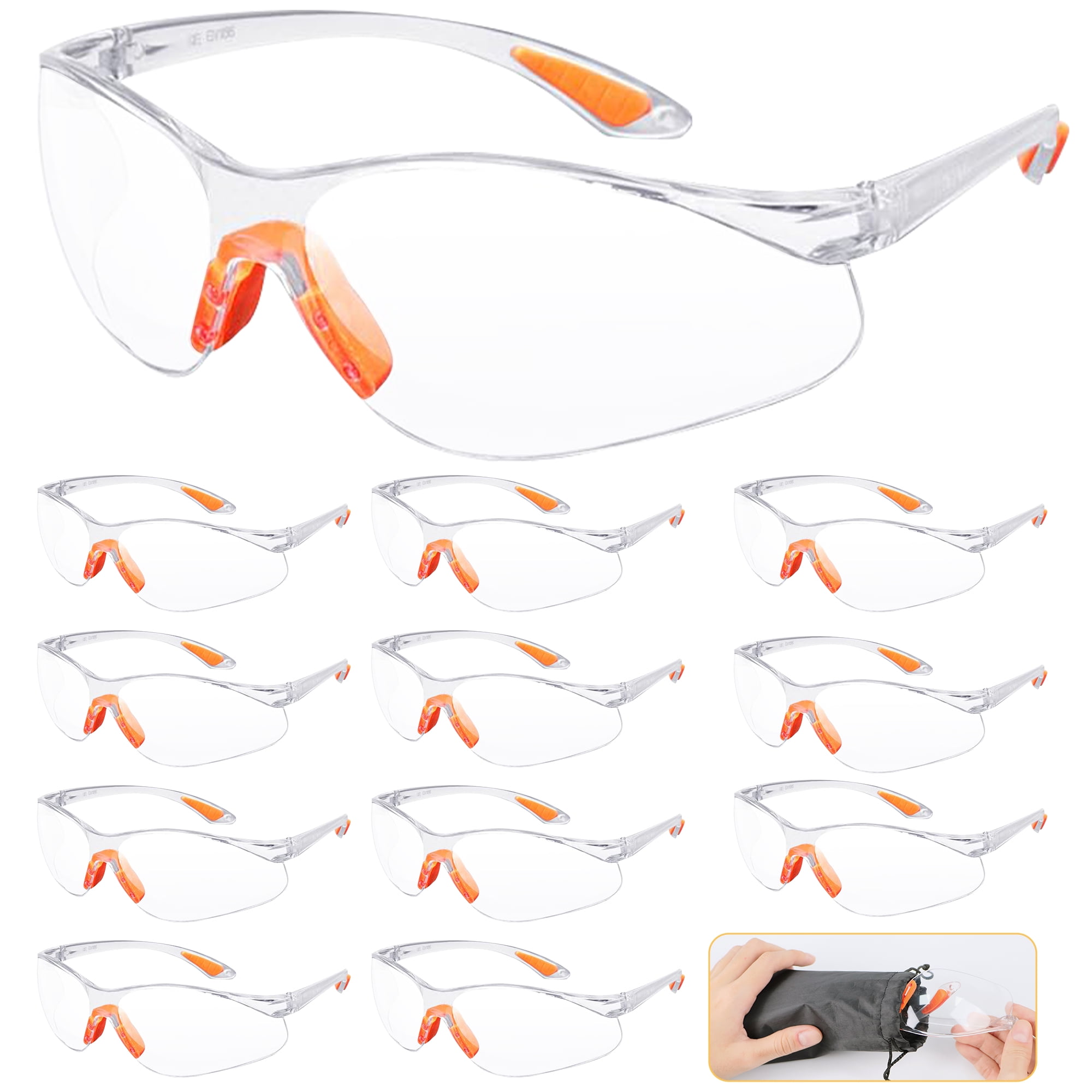 Neasyth Clear Safety Glasses, ANSI Z87.1 Scratch & Impact Resistant, Wrap Around Eyewear w/ Anti-slip Temples & Nose Pad, 12 pack with Storage Bag