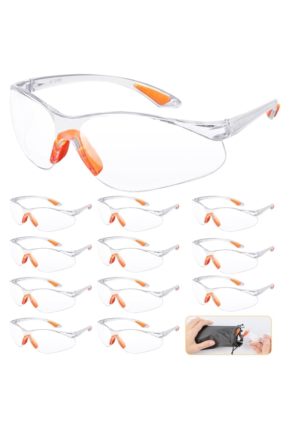 Clear Safety Glasses, ANSI Z87.1 Scratch & Impact Resistant, Wrap Around Eyewear w/ Anti-slip Temples & Nose Pad, 12 pack with Storage Bag