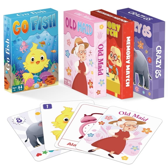 Neasyth Kids Card Games, 4 in 1 Kids Playing Cards Set - Go Fish, Old Maid, Memory Match, Crazy 8s, Gift for Children