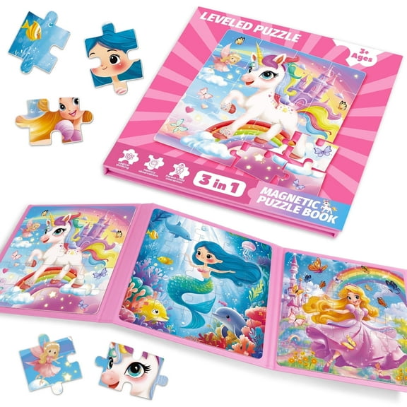 Neasyth Unicorn Mermaid Princess Magnetic Puzzles for Kids 4-6 Boys Girls, 3 in 1 Cartoon Travel Puzzles Book for Toddlers 3-5