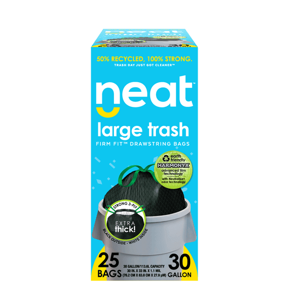 Neat - Drawstring Trash Bags, 50% Recycled, 30 Gallon, 1.1 Mil 40"x33", Black & White, 25 Count