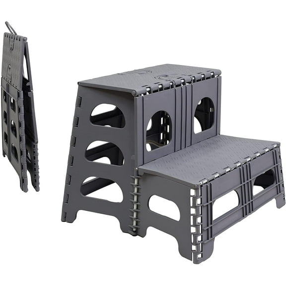 Folding 2 Step Stool for - Collapsible & Foldable Step Ladder for Office, Garage, Closet, Bathroom - Non-Slip & Wide Stepping Stool Supports 300lbs - Industrial - Gray