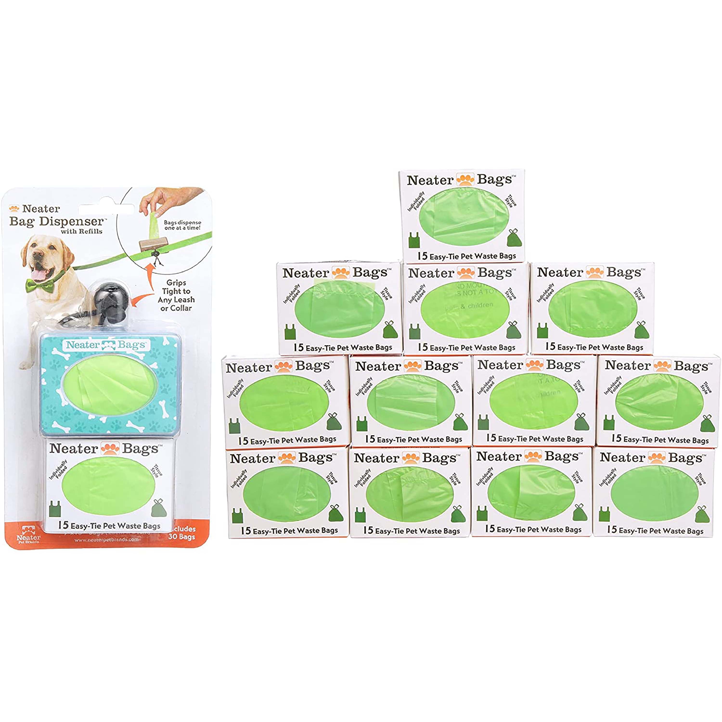 Neater Bags Dog Poop Waste Bags - Dispense Like Tissues with Easy-Tie Handles (210 Bags, Blue Bone & Paw)