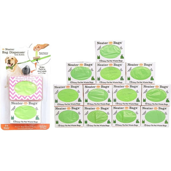 Neater Bags Dog Poop Waste Bags - Dispense Like Tissues with Easy-Tie Handles (210 Bags, Pink Chevron)