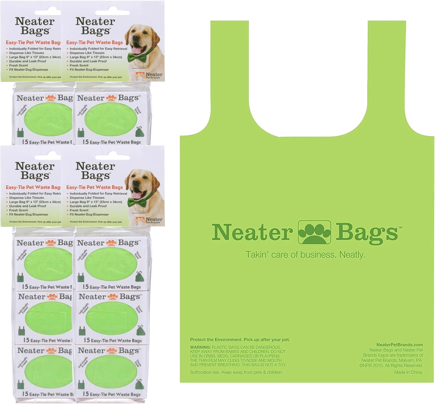 Neater Bags Dog Waste Bag, No Rolls to Fuss With - Dog Poop Bags Dispense One at a Time, Doggie Poop Bag with Easy-Tie Handles (180 Count)