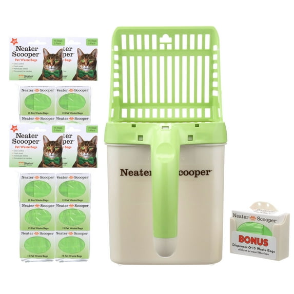 Neater Pets Neater Scooper Mess-Free Cat Litter Scoop with Waste Container - Includes 195 Count Refill of Bags, Green
