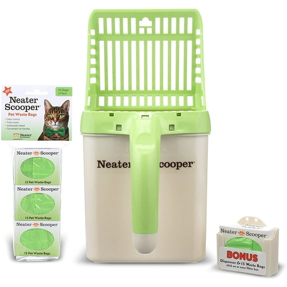 Neater Pets Neater Scooper Mess-Free Cat Litter Scoop with Waste Container - Includes 60 Count Refill of Bags, Green