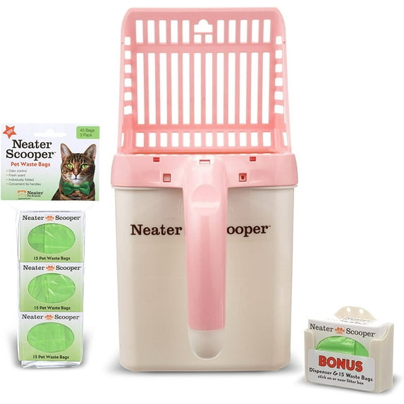 Neater Pets Neater Scooper Mess-Free Cat Litter Scoop with Waste Container - Includes 60 Count Refill of Bags, Pink