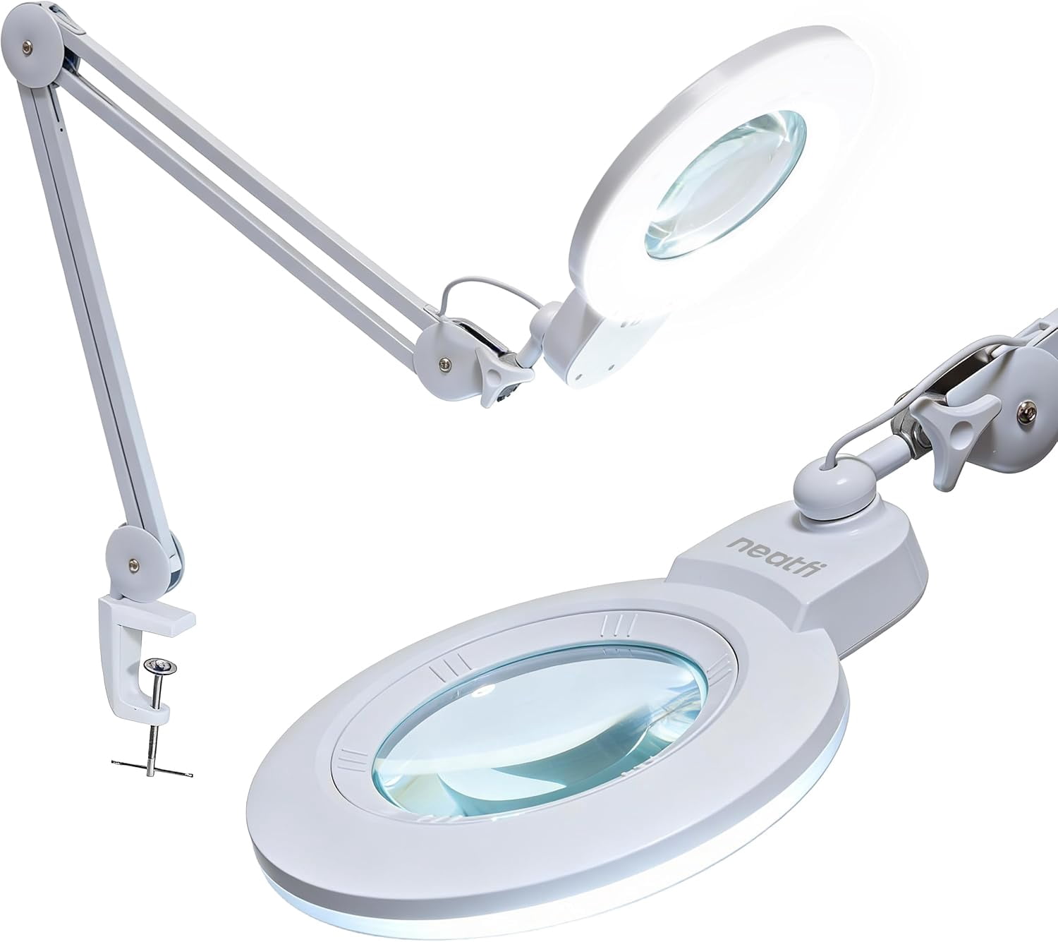 Neatfi Professional LED Magnifying Lamp with Clamp, 1600 Lumens, Dimmable, Adjustable Arm, Magnifier Light for Sewing, Crafts, Reading & Hobby Projects, White