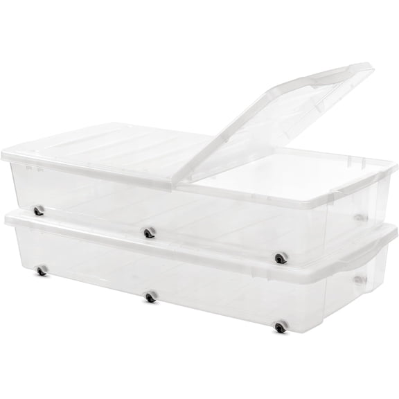 Neatifyes 2 Packs 57 QT Plastic Under Bed Storage Bins with Double-opening Lids Clear Underbed Storage Containers with Wheels for Organizing Shoes, Blankets, Clothes