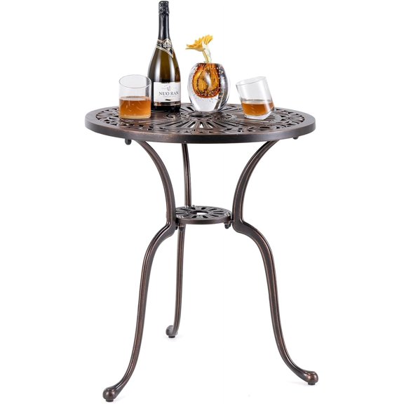 Neatifyes 24 Patio Bistro Table, Cast Aluminum Outdoor Side Table with 2" Umbrella Hole, All-Weather Resistant Round Patio Dining Table for 2 for Front Porch, Pool, Backyard, Garden, Balcony