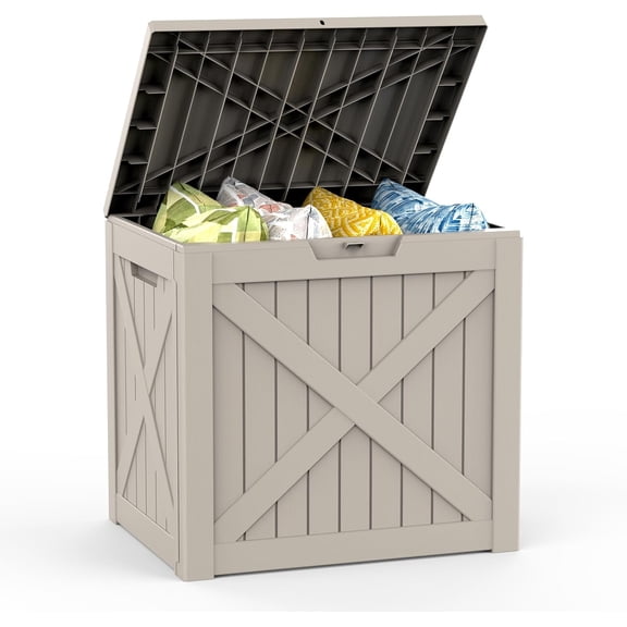 Neatifyes 31 Gallon Barn Style Deck Box, Outdoor Storage Box Waterproof, Lockable Lid, Weatherproof and UV Resistant Resin Storage Bin for Patio Furniture Cushion, Pool Supply, Garden Tool, Greige