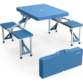 Neatifyes 4 Ft Camping Picnic Table Set with 4 Seats with Umbrella Hole Folding Lightweight Suitcase Card Table-220 Lbs Support Aluminum Frame, Plastic RV Tabletop for Barbecue,