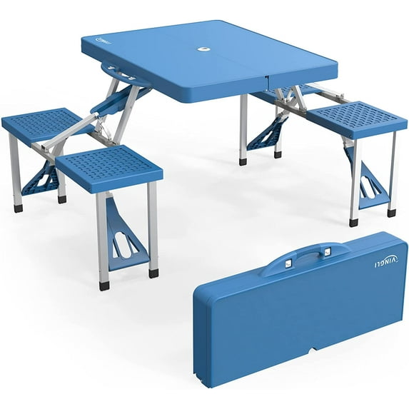 Neatifyes 4 Ft Camping Picnic Table Set with 4 Seats with Umbrella Hole Folding Lightweight Suitcase Card Table-220 Lbs Support Aluminum Frame, Plastic RV Tabletop for Barbecue,