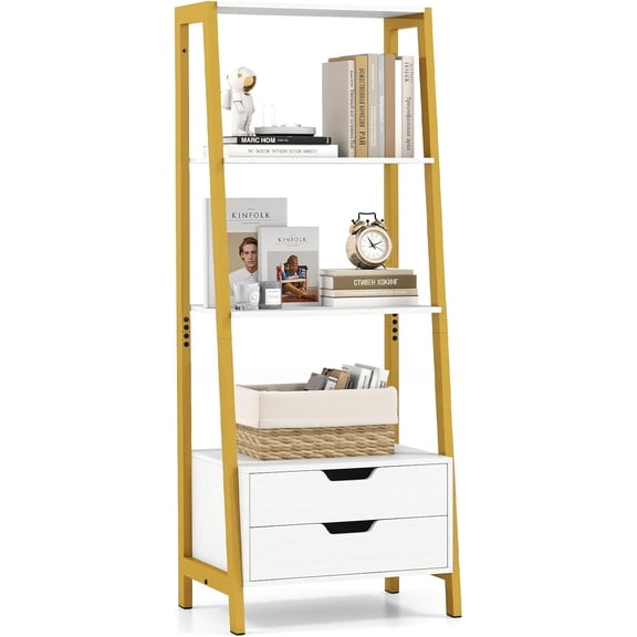 Neatifyes 4-Tier Ladder Shelf with 2 Drawers, 52.5" Tall Freestanding Bookcase with Sturdy Metal Frame, Shelving Unit Display Rack with Storage for Living Room, Home Office (1,White+Gold)