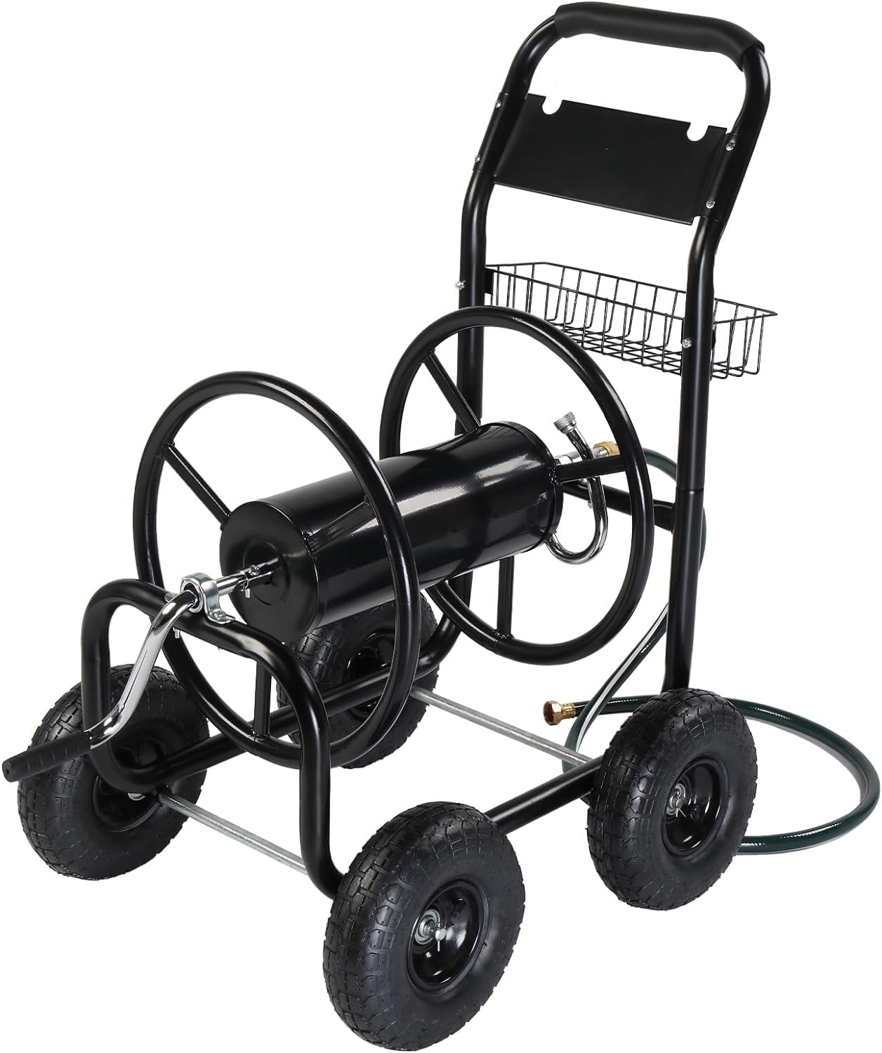 Neatifyes 4-Wheel Garden Hose Reel Cart with Storage Basket, Portable Residential Hose Reel Cart, Lawn Watering, for Garden Backyard and Farm