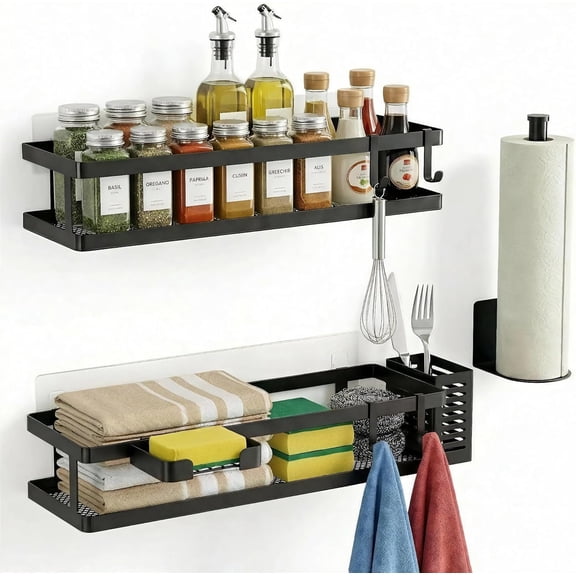 Neatifyes 5-in-1 16.5" Extra Long Kitchen Organizer & Shower Caddy Set, Wall Mount Spice Rack with Paper Towel Holder, Utensil Holder & Soap Dish, Rustproof Mesh - Matte Black, Guardrail