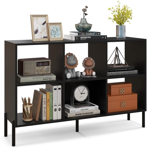 Neatifyes 6 Cube Low Bookshelf, 2-Tier Short Wood Storage Open Bookcase with Elevated Metal Legs, 5-Position Adjustable Shelf, Anti-toppling Device, Freestanding Organizer for Home Office (Black)