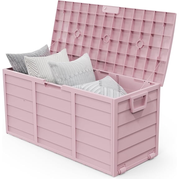 Neatifyes 75 Gallon Outdoor Storage Box, Lockable Plastic Storage Containers with Lid, Patio Deck Box Furniture for Garden, Pool, Balcony, Yard (Light Pink)
