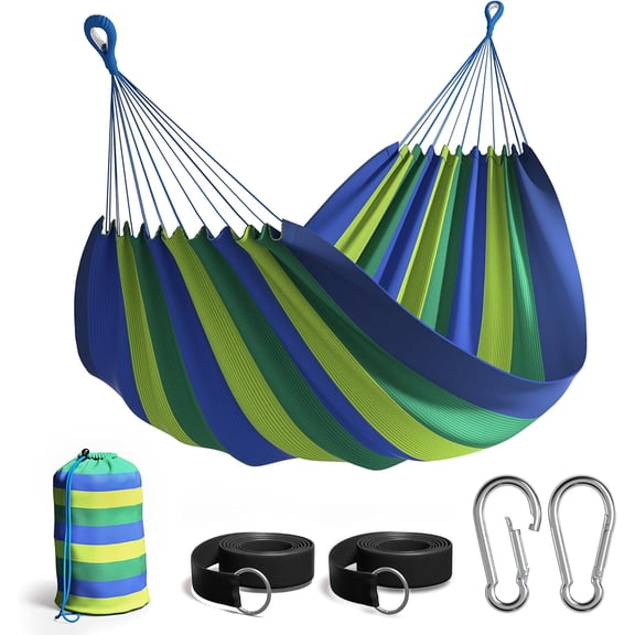 Neatifyes Brazilian Double Hammock - Extra-Long 2 Person Portable Hammock Bed for Indoor or Outdoor Spaces - Hanging Rope, Carrying Pouch Included (Blue/Green Stripes)