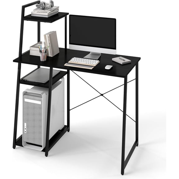 Neatifyes Computer Desk with Shelves, Space Saving Home Office Desk with 3-Tier Ladder Shaped Storage Bookshelf, Modern Writing Study Desk with Metal Frame, Compact Computer Workstation (Black)