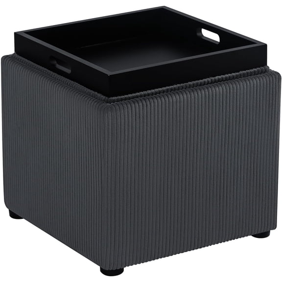 Neatifyes Corduroy Storage Ottoman with Reversible Tray Top, 17.5" Square Footrest Stool & Instant Coffee Table, Perfect for Small Spaces, Living Room, Bedroom and Dorm, Dark Gray