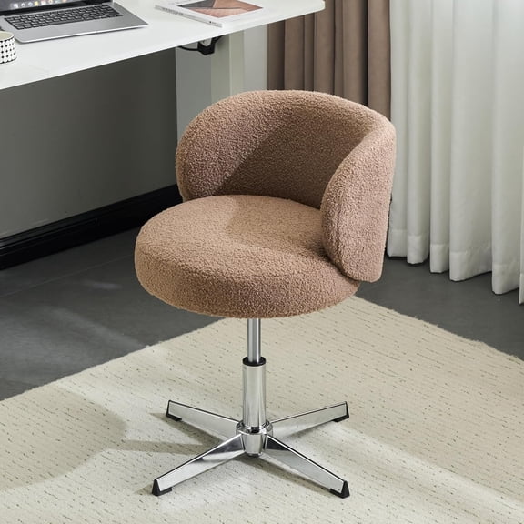 Neatifyes Cute Small Swivel Desk Chair Comfy no Wheels,Ergonomic Low-Back Lumbar Support Vanity Nail Tech Computer Task Stool Chair for Home Office,Height Adjustable,Teddy Fleece,Brown