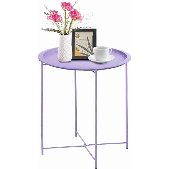 Neatifyes End Table Metal Side Table Purple Round Folding Tray Cyan Sofa Small Accent Fold-able Table, Round End Table Tray, Next to Sofa Table, Snack Table for Living Room and Bed Room