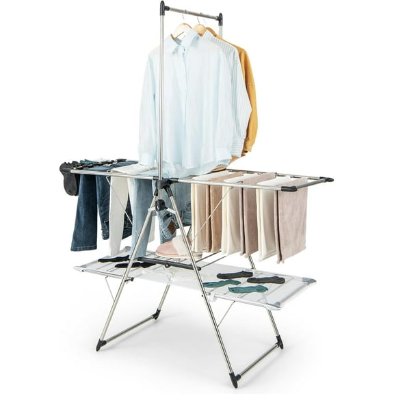 Neatifyes Foldable Clothes Drying Rack, 2-Tier Laundry Drying Rack w/Tall Hanging Bar, Height Adjustable Gullwing, Freestanding Garment Stand for Indoor Outdoor Use