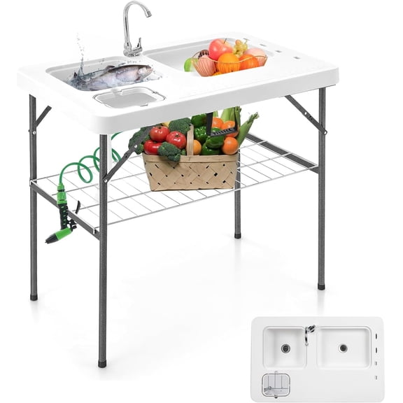 Neatifyes Folding Fish Cleaning Table with 2 Sink, Outdoor Portable Camping Table with Grid Rack & Sprayer, Cutting Table with Drainage Hose Stainless Steel Faucet for Patio Backyard BBQ