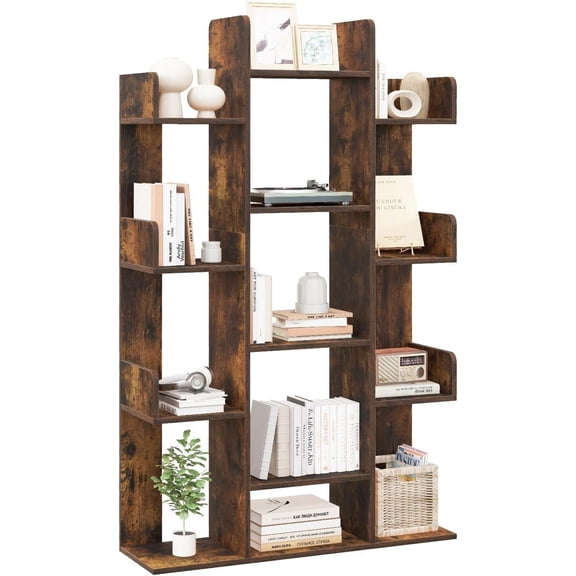 Neatifyes Freestanding Tree Bookshelf, Corner Storage Organizer with 13 Open Shelves, Decorative Display Cube Shelf for Living Room, Study, Office, 34 x 9.5 x 55.5 Inch (1, Rustic Brown)