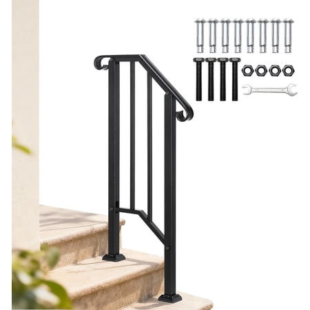 Neatifyes Handrails for Outdoor Steps, Stair Handrail Fits 1 to 5 Steps, Wrought Iron Hand Rail Stair Railing Kit for Concrete/Porch/Wooden Steps (Black, 1 to 2 Steps)
