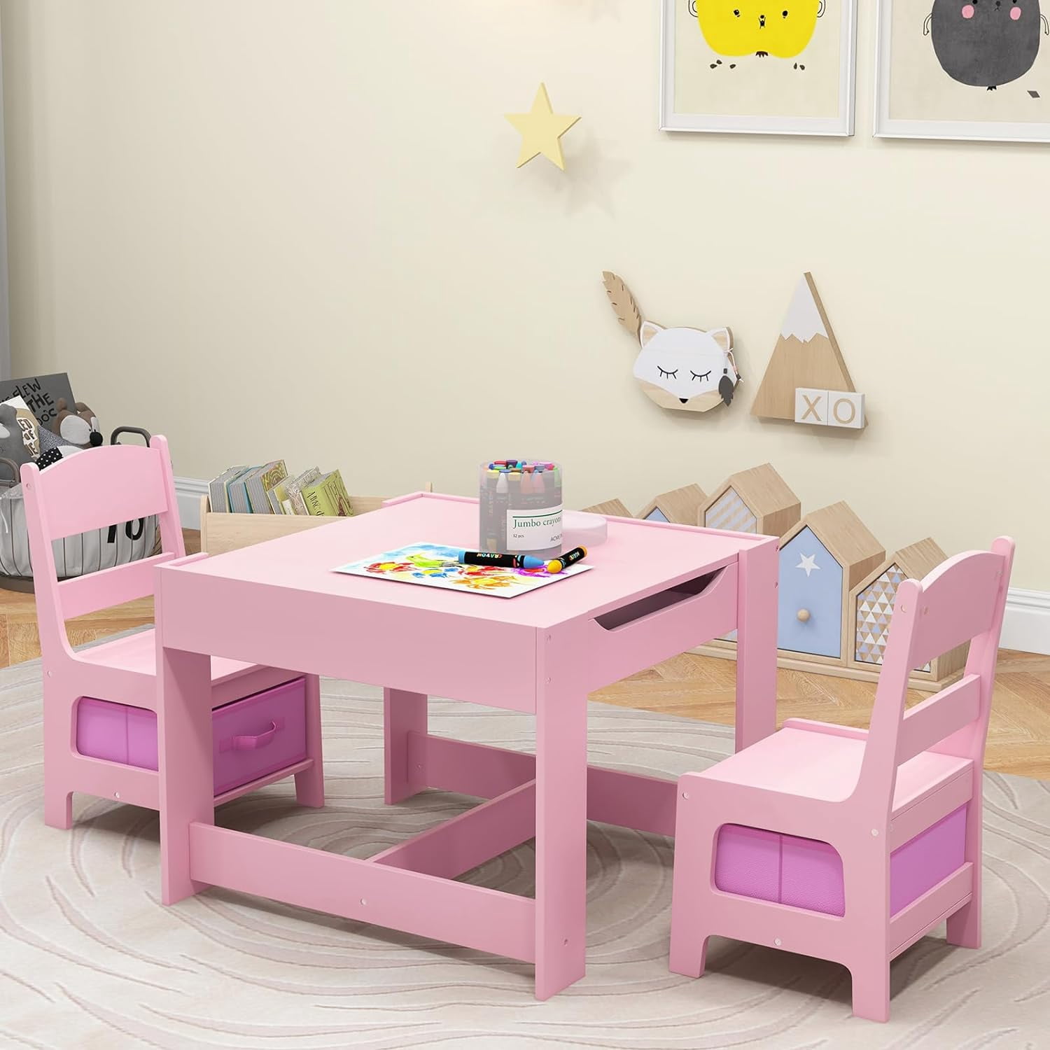 Neatifyes Kid Table and Chairs, 3 in 1 Wooden Activity Desk Set w/ Reversible Chalkboard & Storage Space for Arts, Crafts, Drawing, Reading, Playroom, Toddler Table and Chair Set for Boy Girl (Pink)