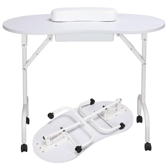 Neatifyes Manicure Nail Table Station - Foldable Nail Technician Desk Workstation Spa Beauty Salon w/Drawer/Client Wrist Pad/Lockable Wheels/Carrying Case Black 37-inch White