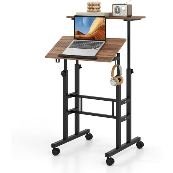 Neatifyes Mobile Standing Desk, Height-Adjustable Laptop Podium Cart with Tilting Tabletop & Adjustable Angle, Rolling Stand Up Computer Desk with 2 Hanging Hooks & Lockable Casters for Home Office